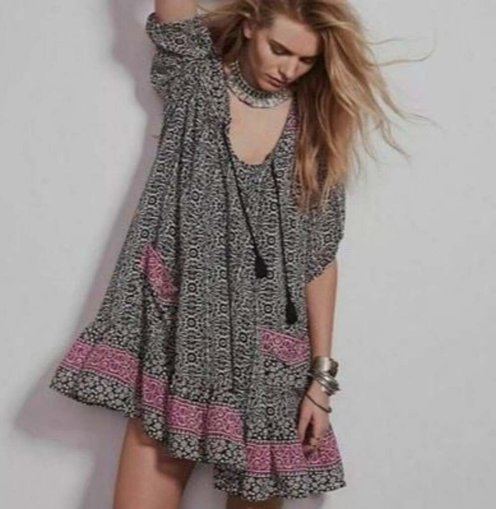 Free People Penny Lane Black Combo Floral Flowy Oversized A-Line Mini Dress